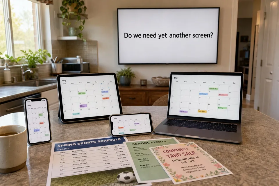 A kitchen counter with two phones, an iPad, and a laptop all open to a calendar, next to paper schedules, with a wall screen reading 'Do we need yet another screen?'