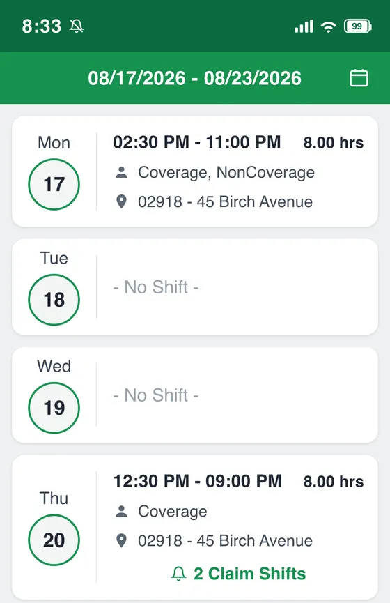 Example weekly shift schedule in an employee scheduling app, showing a Coverage and NonCoverage shift, the store number, a location, and a Claim Shifts link