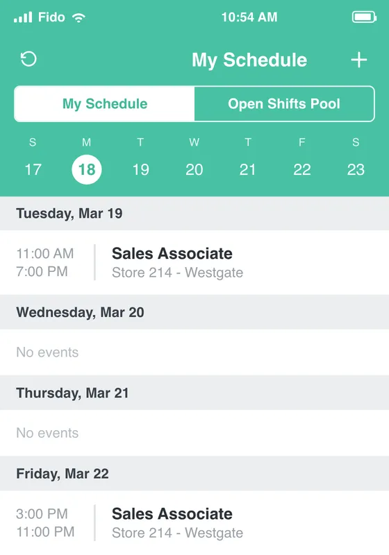 Example weekly schedule in the WorkJam app, showing shift times, a role, and a store location, with My Schedule and Open Shifts Pool tabs